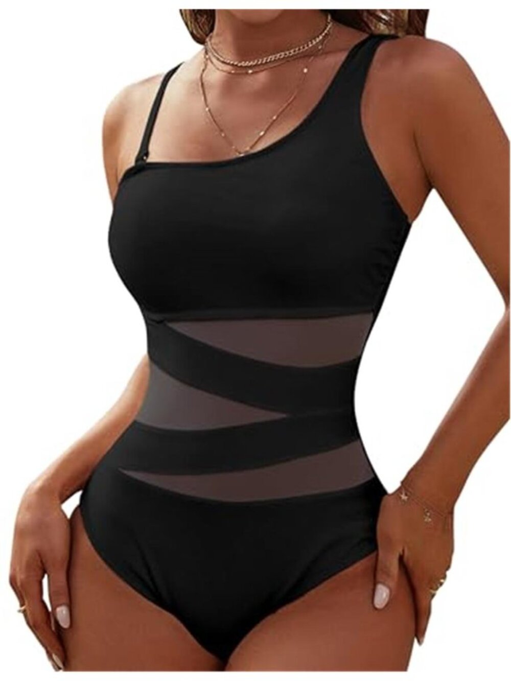 One Piece Swimsuit Women One Shoulder Mesh Backless High Cut Slimming Black
